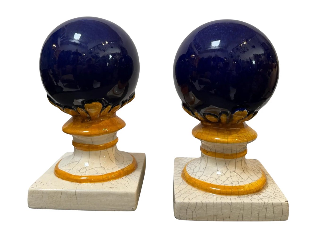 Vintage Majolica Pottery Blue & Yellow Decorative Finials - A Pair