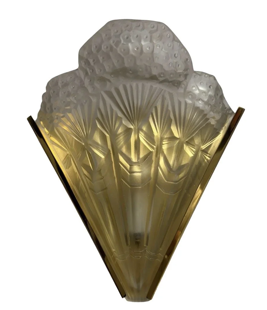 Antique Art Deco Glass & Bronze Wall Light Sconce by Jean Noverdy France