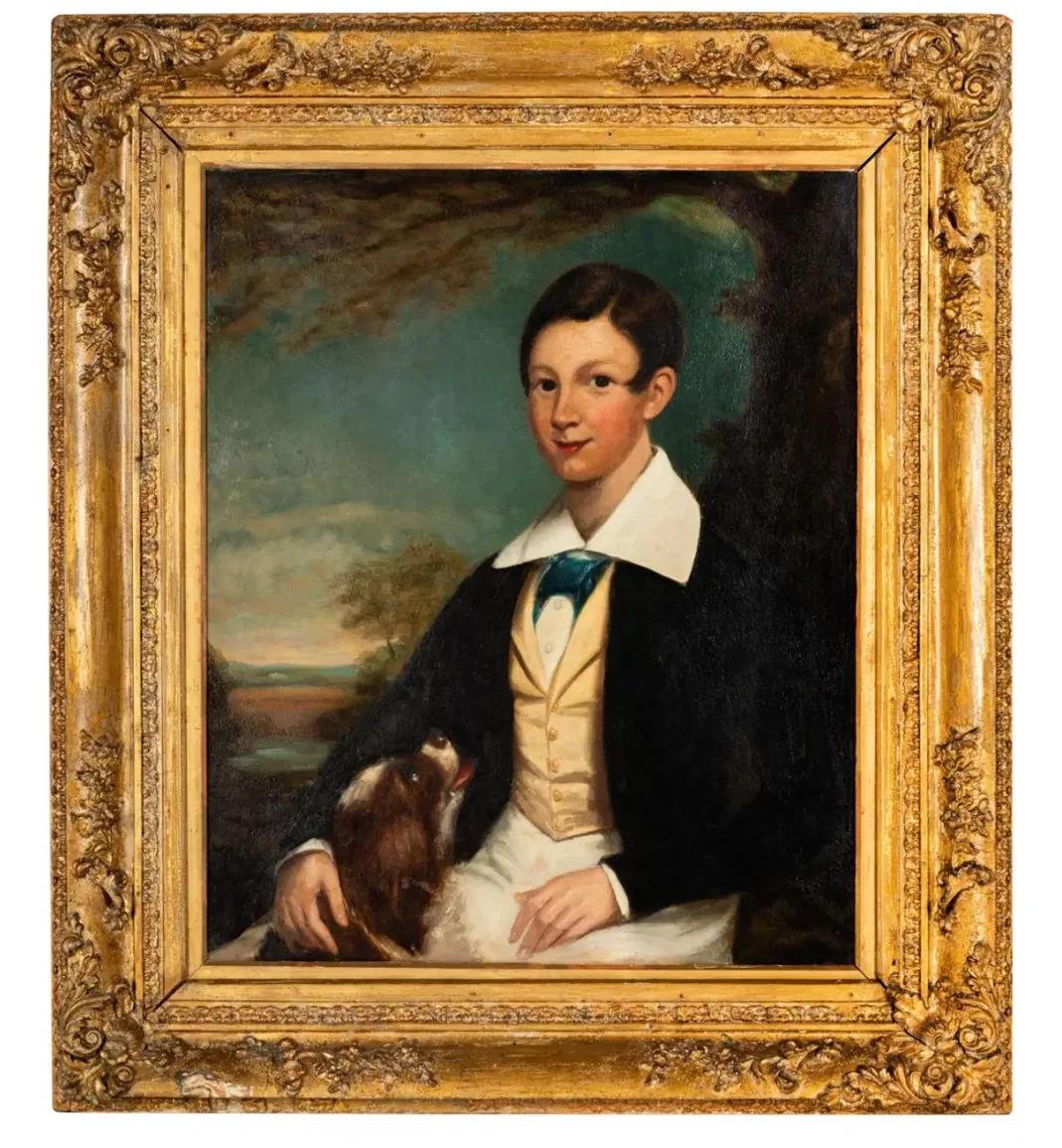 Antique Portrait Oil Painting of a Boy With Dog