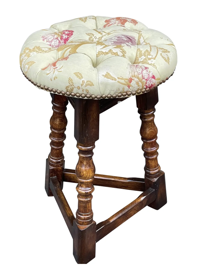 19th Century Style Rustic English Oak Round Stool with Tufted Lampas Seat