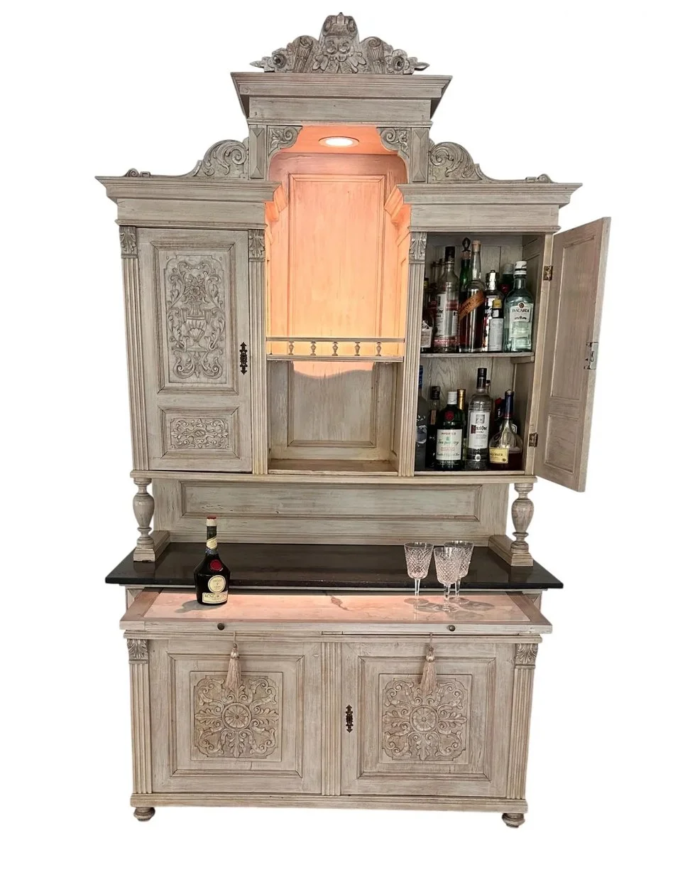 Antique Swedish Dry Bar Bleached Mahogany & Marble Cupboard Hutch