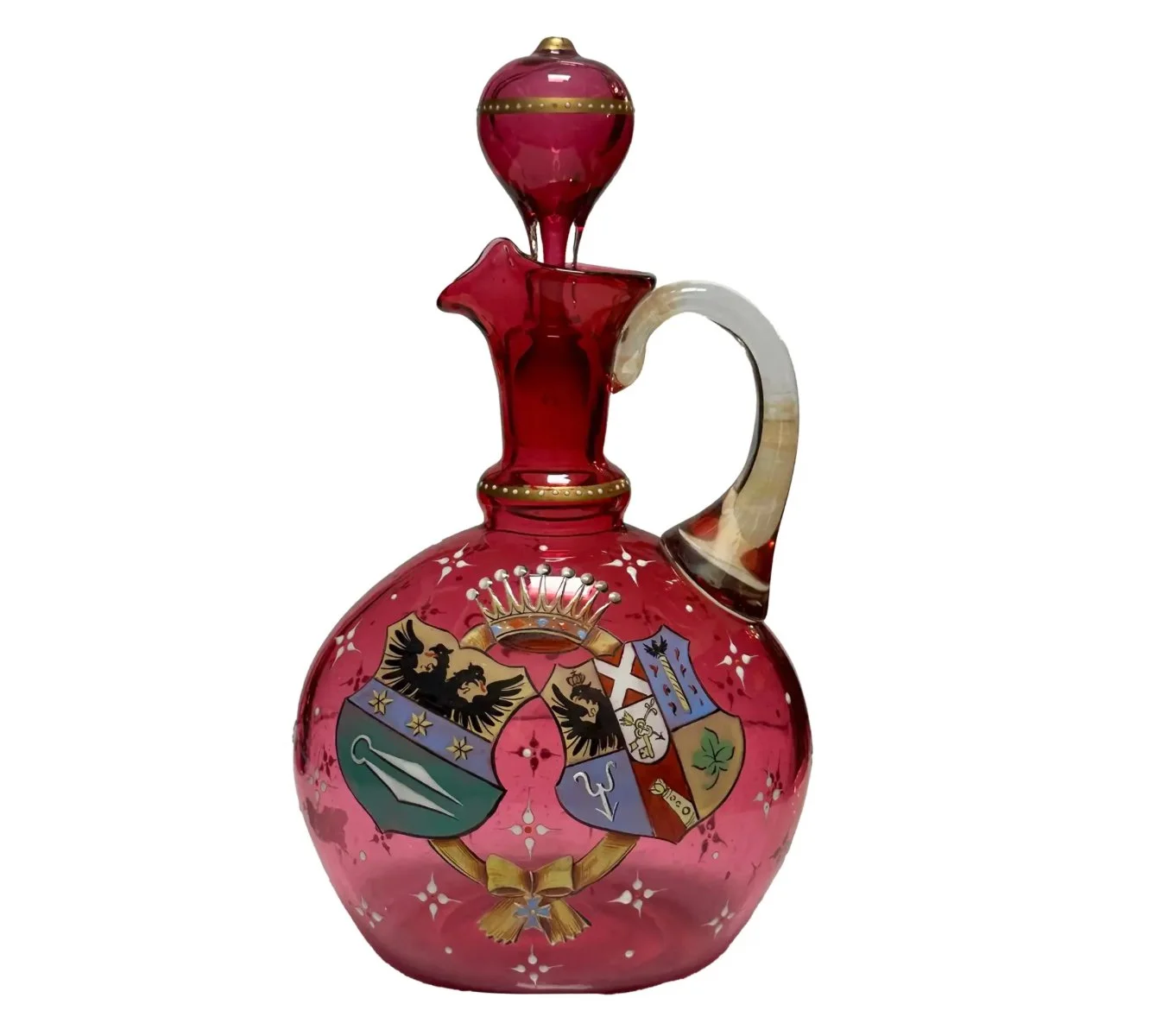 Antique Moser Enamel Cranberry Glass Decanter W Royal Armorial Crest