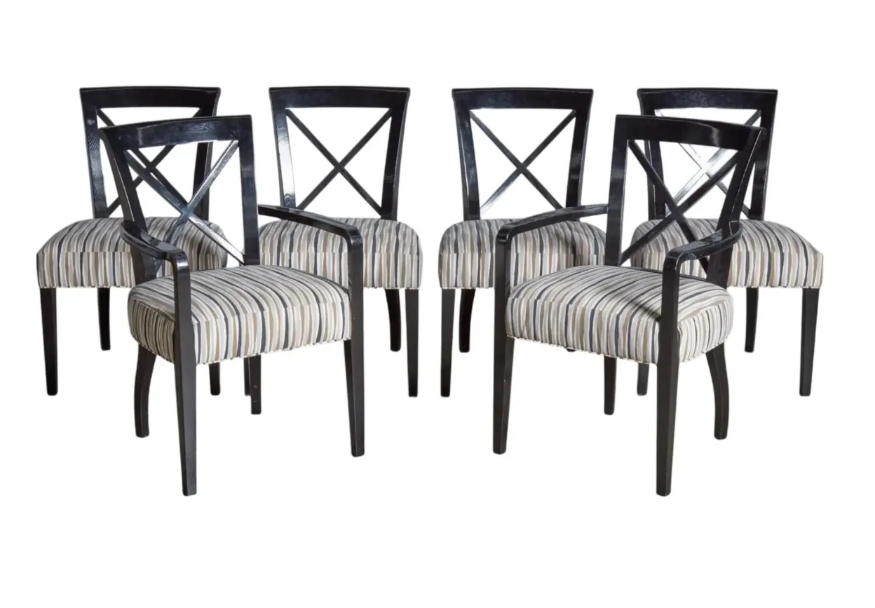 Set of 6 Ralph Lauren Black Lacquered Dining Chairs in Designer Fabric
