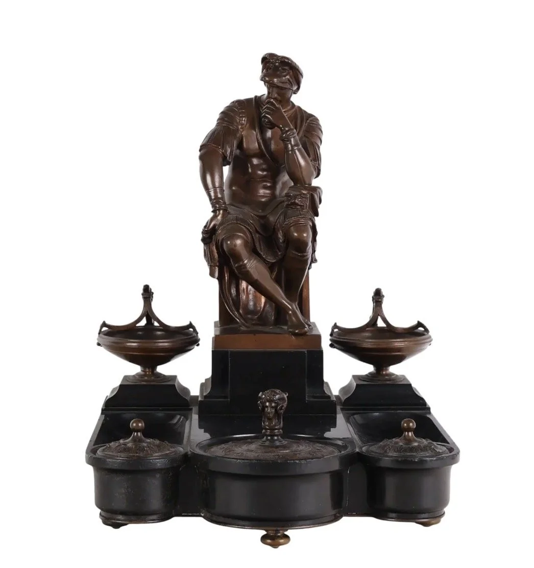 Antique F Barbedienne French Bronze Seated Roman Bronze & Marble Inkwell