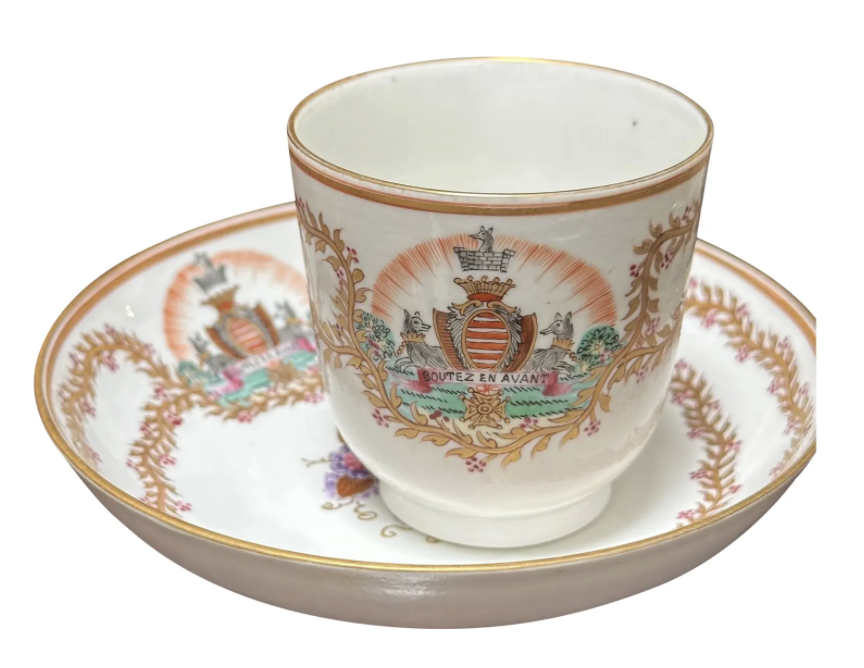 Antique Samson French Porcelain Armorial Crest Cup & Saucer - Barrymore Family