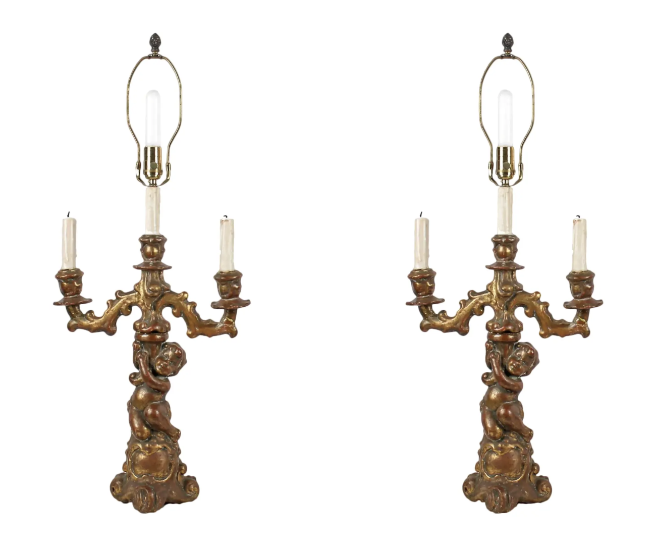 Antique Figural Nude Putti Gilt Wood Candelabra Table Lamp - a Pair
