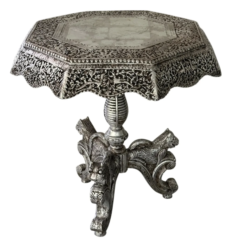 Antique Carved Anglo Indian Moroccan Silver Leafed Side Table