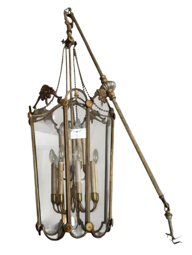 Antique Regency Bronze & Glass Light Fixture Pendant Lantern Chandelier