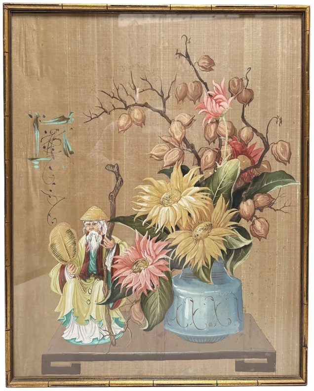 Antique Framed Chinoiserie Still Life Painting on Silk