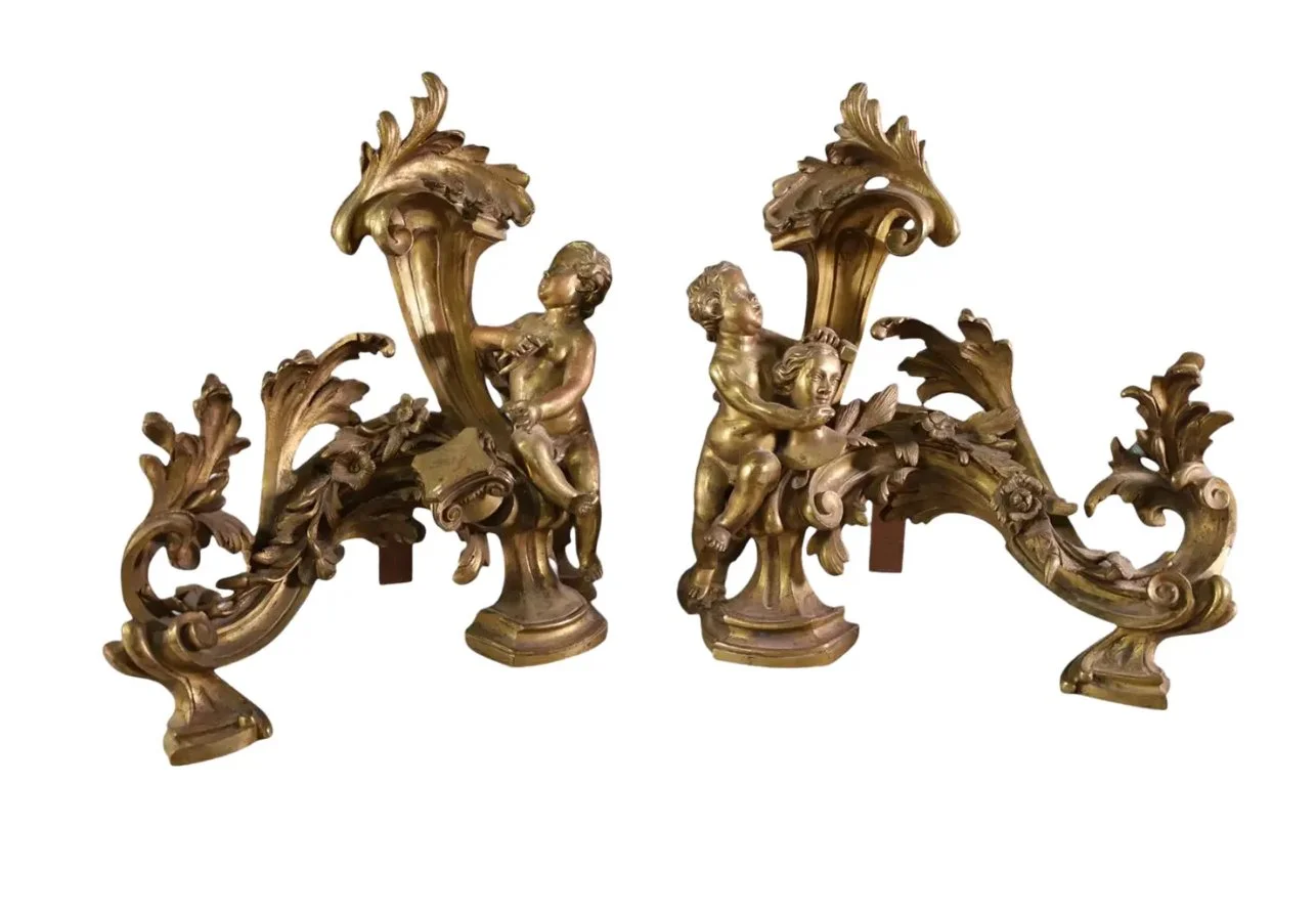 Pair of Antique Gilt Bronze Allegorical Figural Andiron Chenets