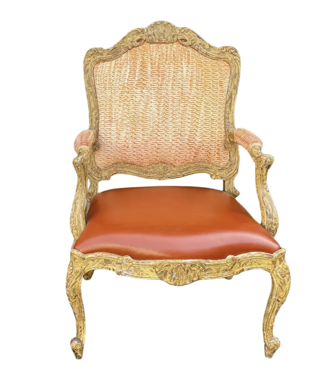 Antique 18th Century Style Venetian Orange Leather Arm Chair