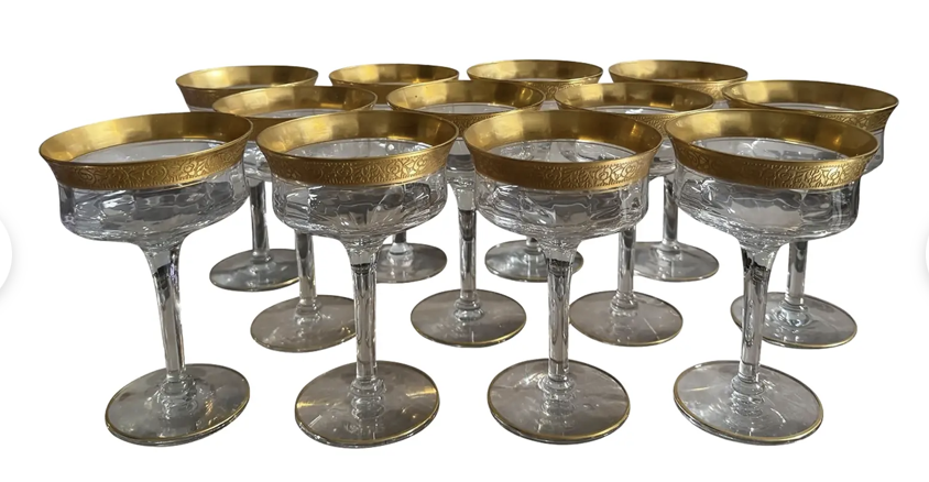 Set of 12 Art Deco Gold Encrusted Rim Crystal Wine Stem Champagne Coupes