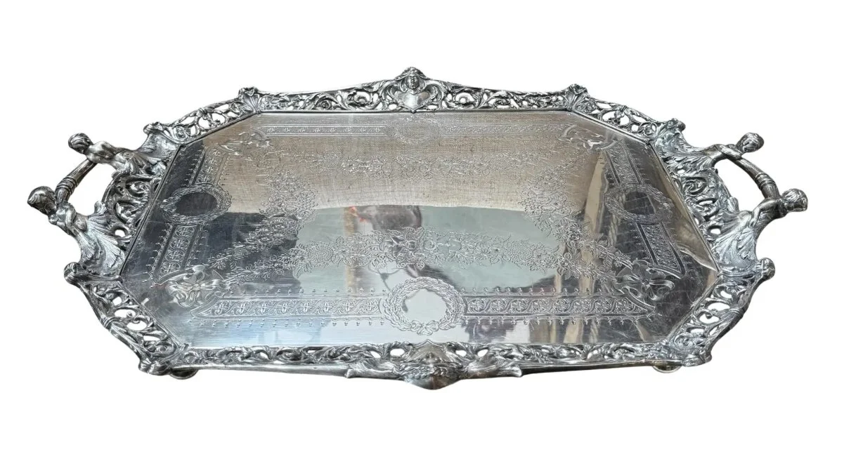 Antique Walker & Hall Silverplate Serving Tray W Figural Handles & Faces