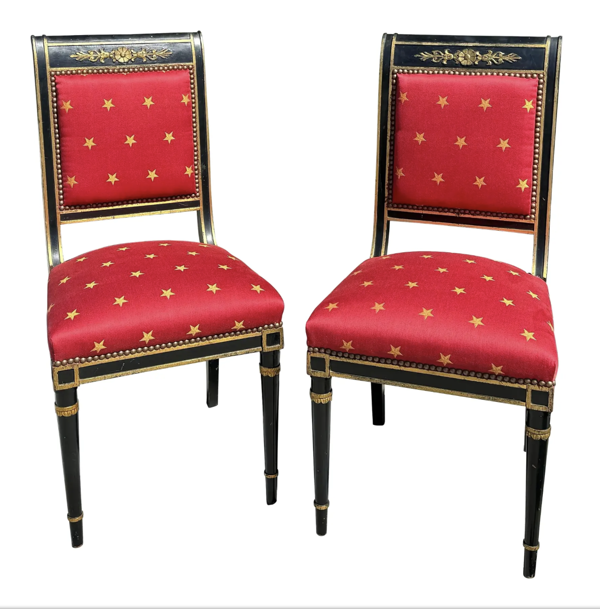 Pair of Antique Empire Black & Gold Chairs W Red Clarence House Seats