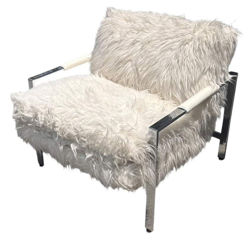 Milo Baughman for Thayer Coggin Chrome and Flokati Faux Fur Lounge Chair