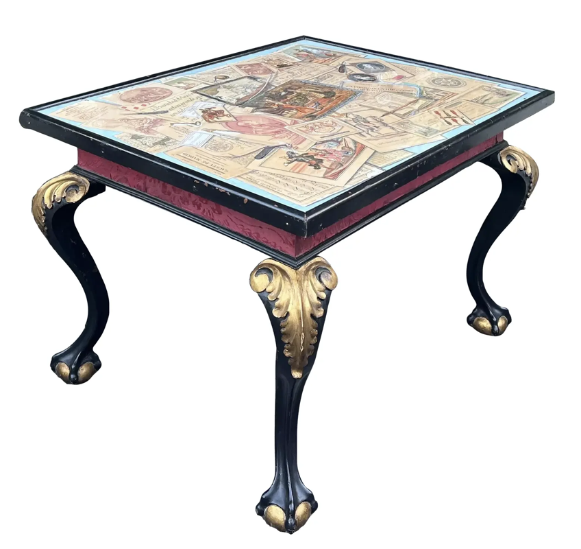 Antique Chippendale Ball & Claw Foot Table W Hand Painted Engraving W Dog