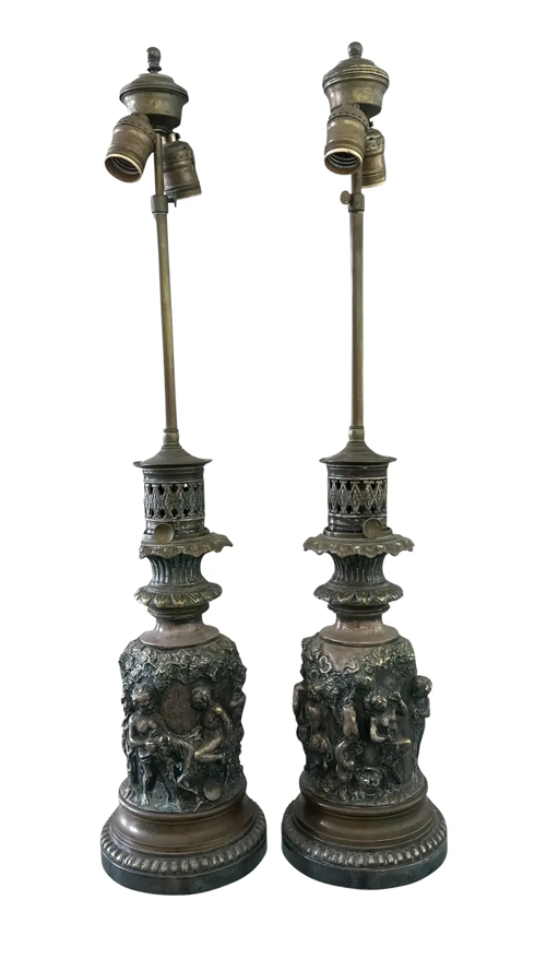 Antique French Bronze Frieze Table Lamps
