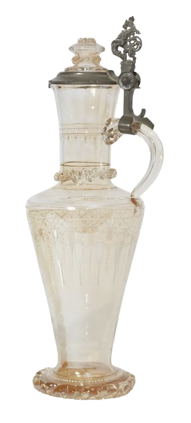 Antique 19th C Pewter Mounted 18" Pink Glass Decanter
