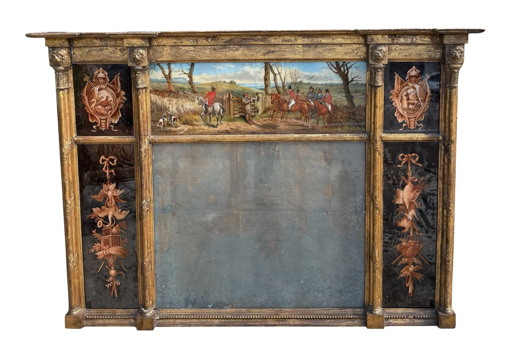 Antique Eglomise Hunt Scene Reverse Painted Glass & Giltwood Mirror