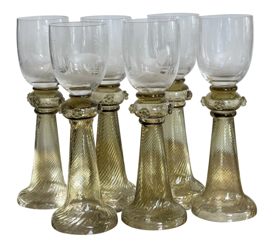 Gorsuch Glass Hunt Wine Stems W Engraved Animals - Set of 6