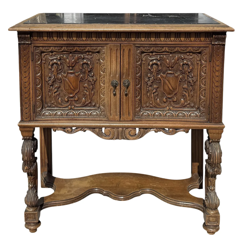 Antique Humidor Cabinet Table With Marble Top & Copper Lining
