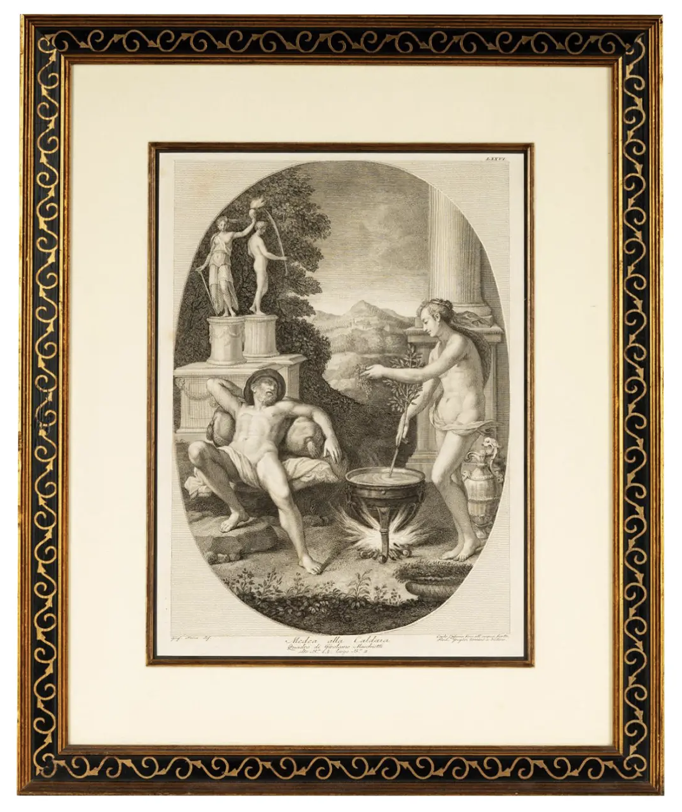 Antique 18th C Neoclassical Engraving Print in Designer Giltwood Frame