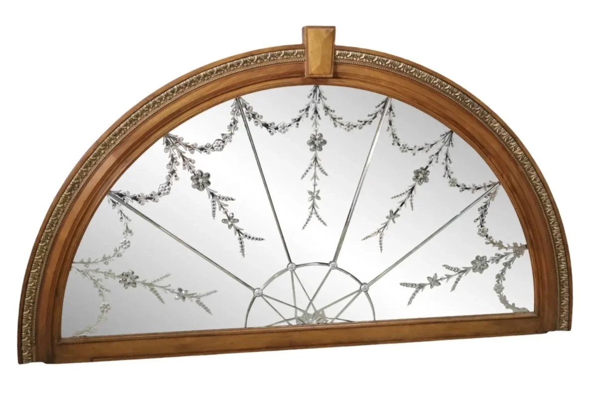 Antique 66” Arched Over Door Etched Glass Wall Mirror
