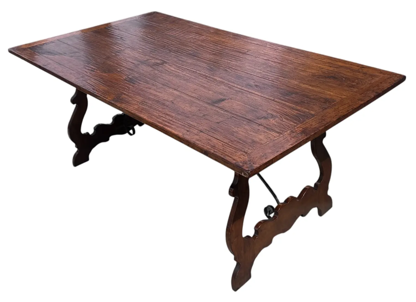 Michael Taylor 18th C Style Rustic Italian Walnut & Wrought Iron Trestle Table
