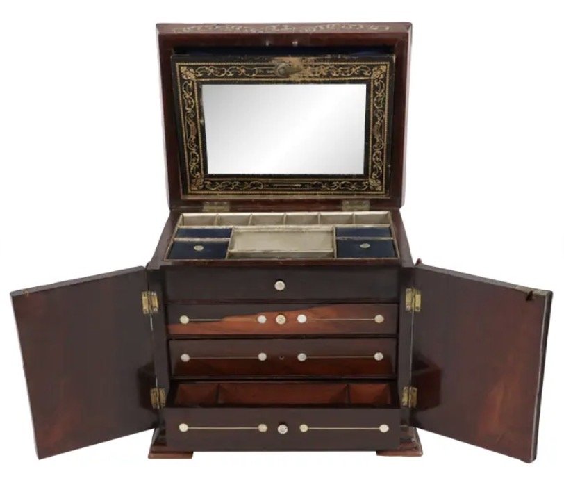 Antique Early 19c William IV Mother of Pearl Inlaid Rosewood Table Cabinet Jewelry Box