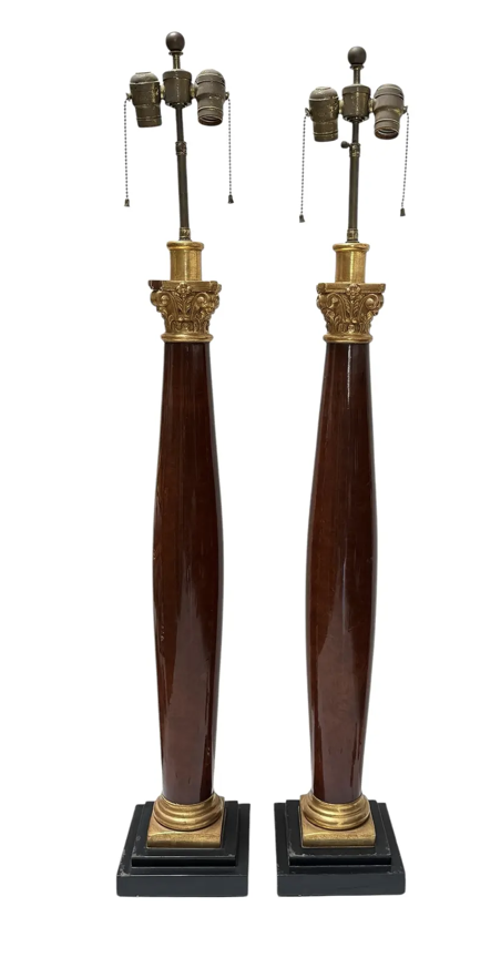 Pair of Napoleonic Style Tall Column Table Lamps French Mahogany Gold Giltwood