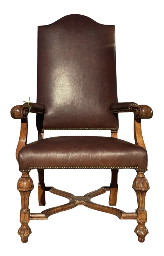 18th C Style French Mahogany Brown Leather Arm Chair