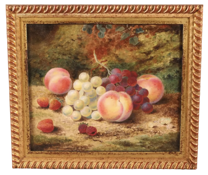 Antique Still Life Oil Painting of Grapes & Peaches by Sidney Scott