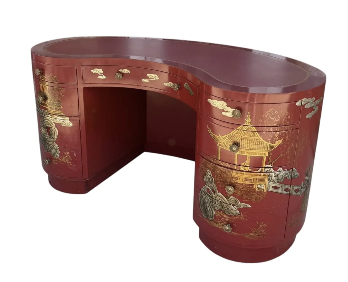 Mid Century Red & Gold Chinoiserie Kidney Shaped Vanity or Desk