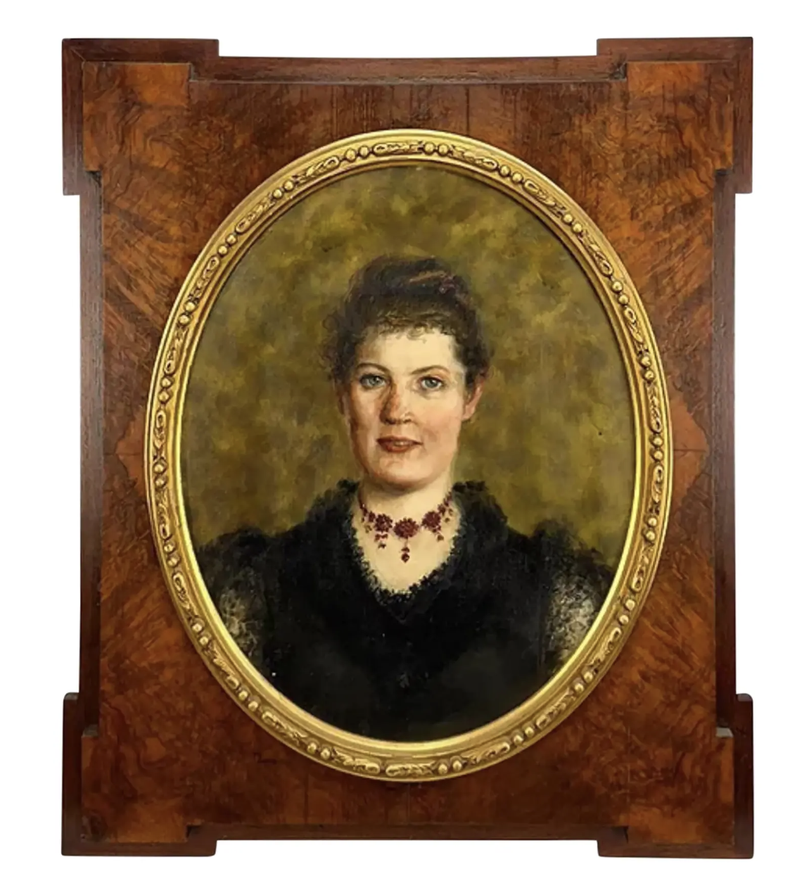 Antique Portrait Oil Painting on Canvas in Burl Walnut Frame