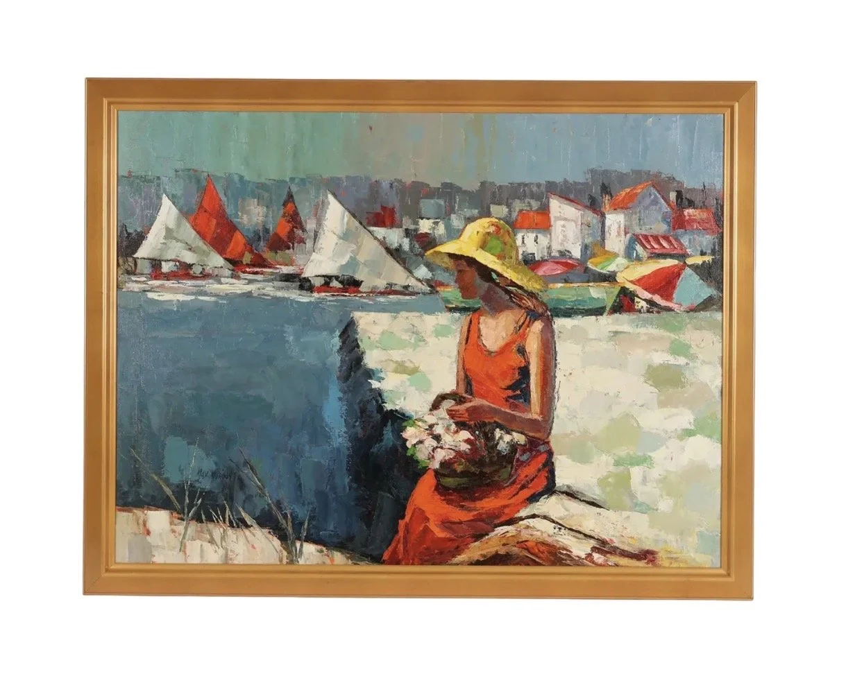 Mid Century Modern Beach Scene Oil Painting by M. Morgan