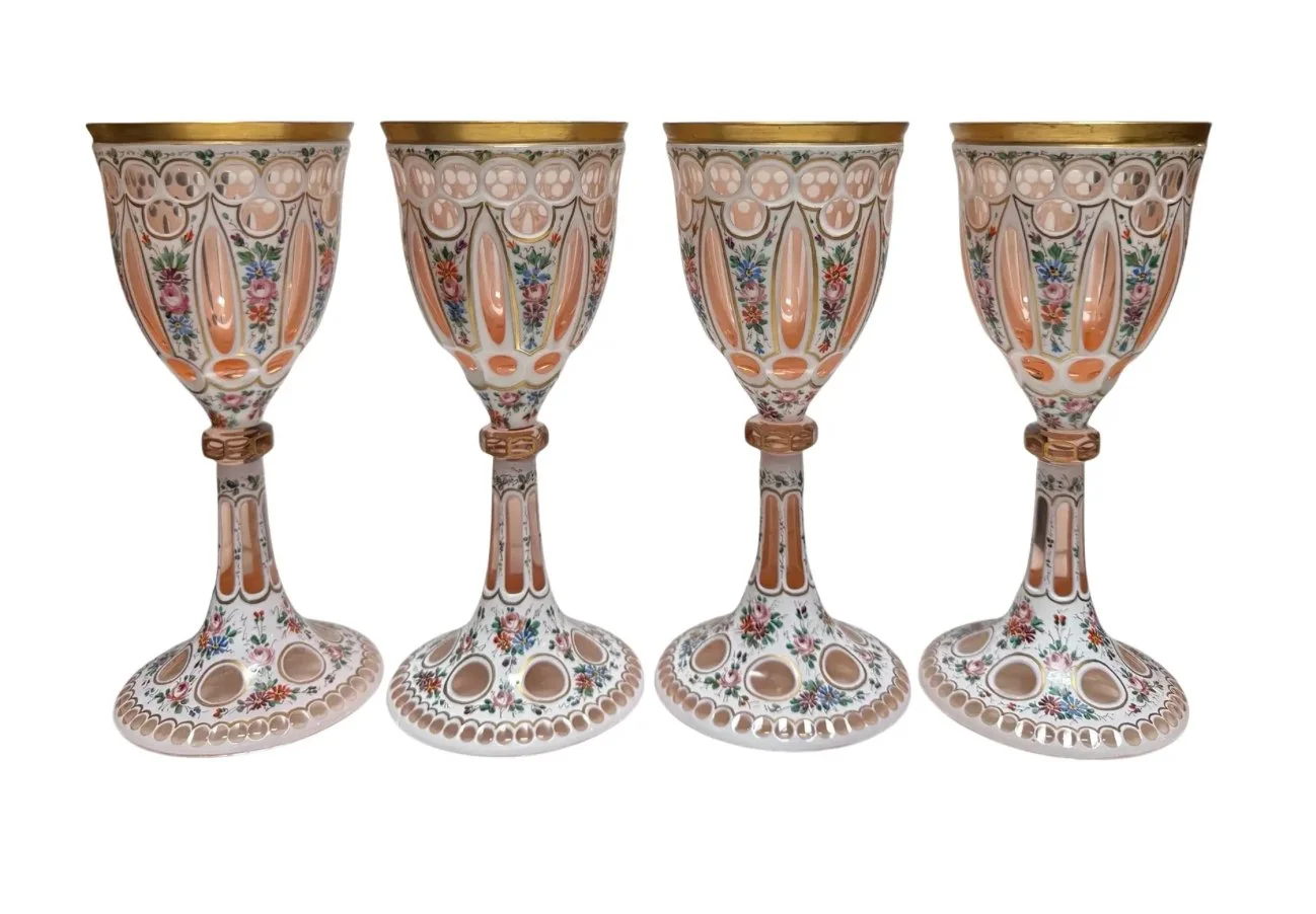 Set of 4 Moser Bohemian Enameled Cut Crystal White Wine Stem Glasses