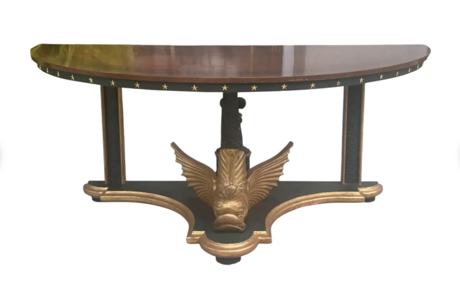 19th C Style Empire Winged Dolphin Demilune Console Table