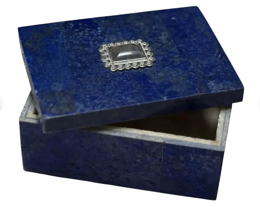 Petite Vintage Lapis Lazuli Jewel Casket Box W Cabochon & Filigree Lid