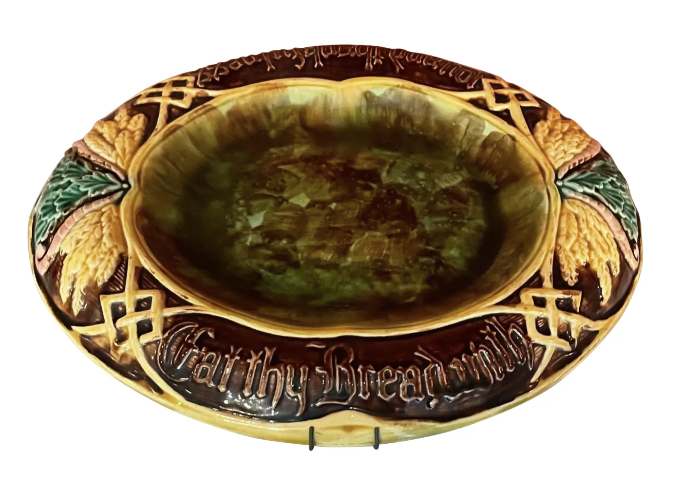 Antique 19th Century English Majolica Bread Tray - Joy & Thankfulness