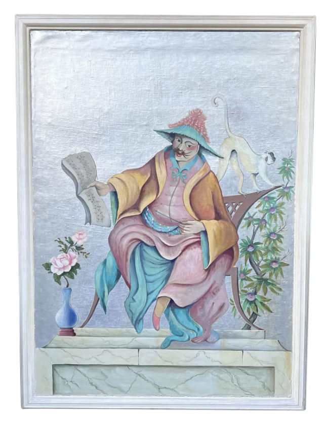 Antique Art Deco Chinoiserie Oil Painting - Chinese Musician & Monkey