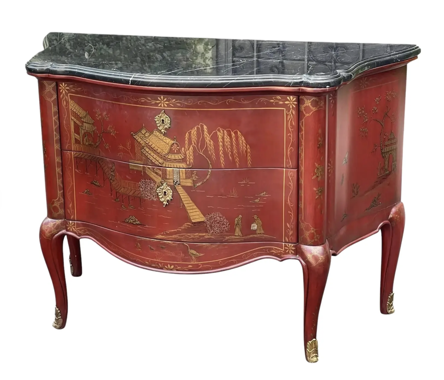 E. J. Victor Newport Historic Mansion Collection Red Chinoiserie Marble Top Commode