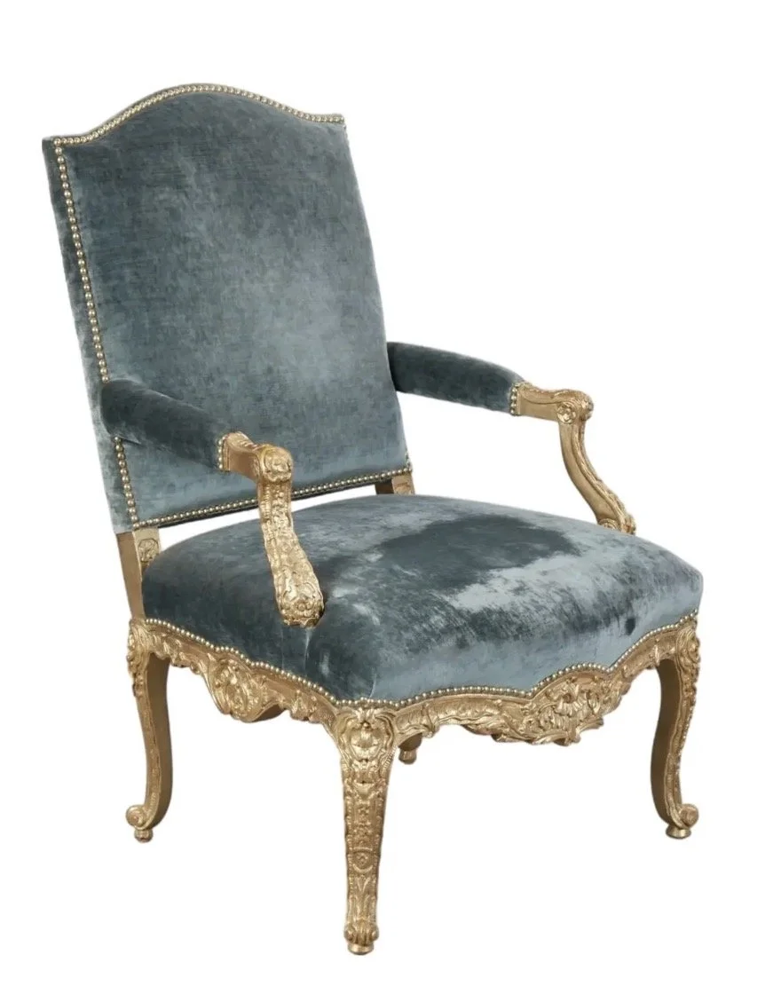 Quatrain for Dessin Fournir Louis XV Style Giltwood Fauteuil Arm Chair W Blue Silk Velvet