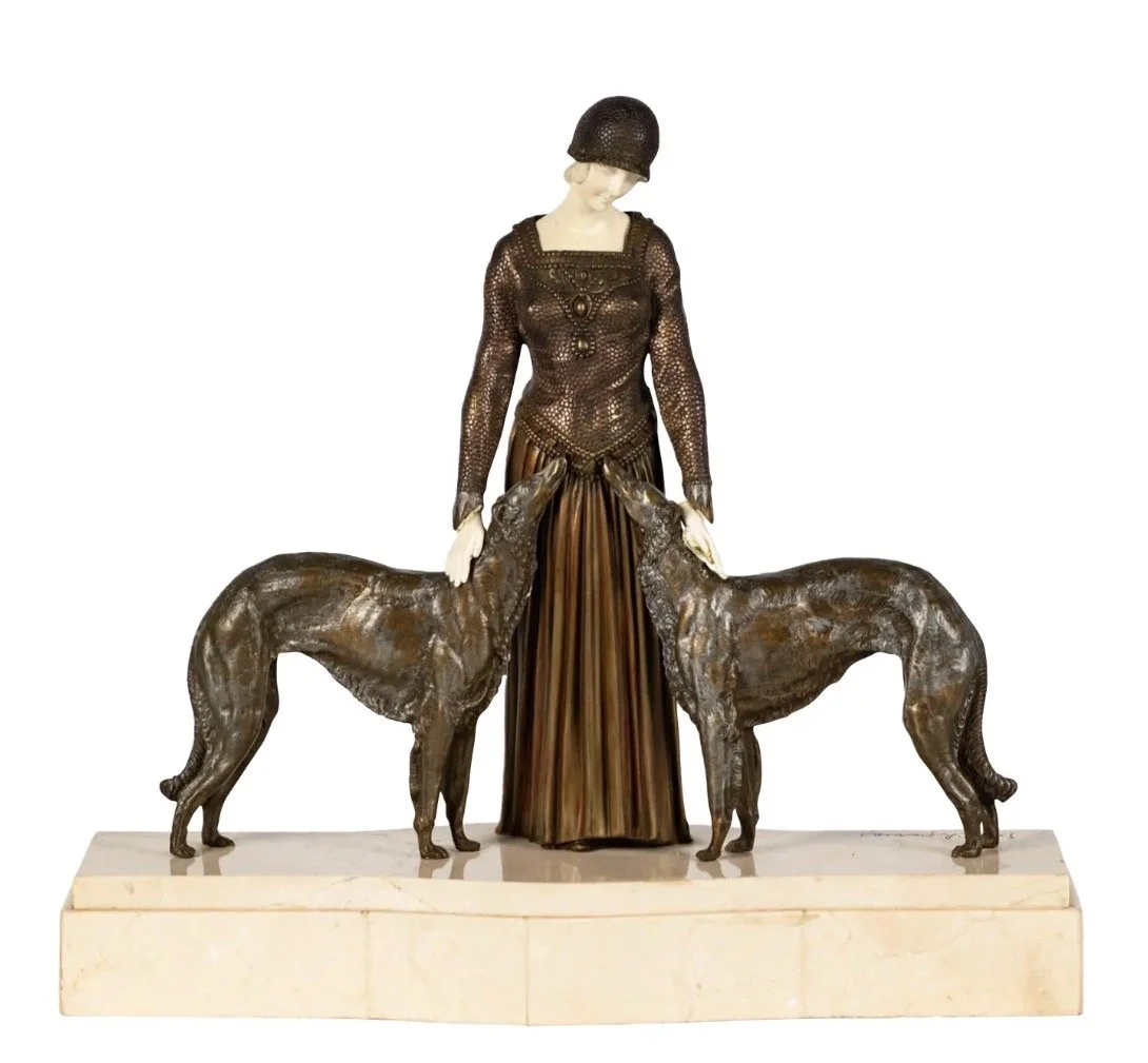 D. Chiparus French Art Deco Bronze Figurine Borzoi Dogs Statue