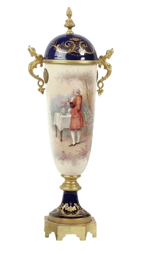 Antique Sevres Porcelain Hand Painted Cobalt Blue Covered Urn