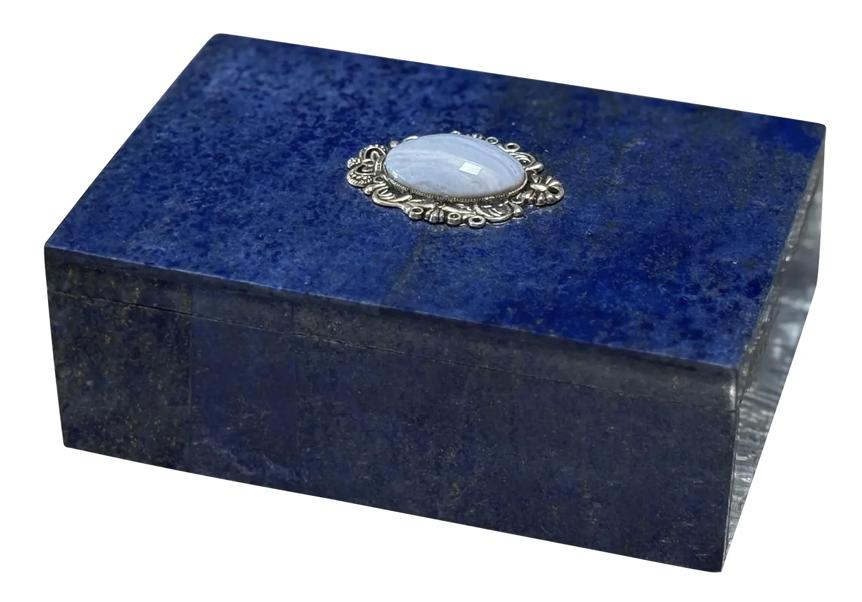 Vintage Lapis Lazuli Jewel Casket Box W Cabochon & Filigree Lid