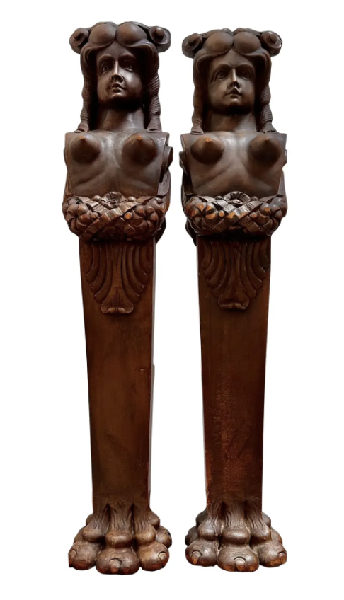 Antique Female Nude Wood Figural Architectural Fragments- a Pair