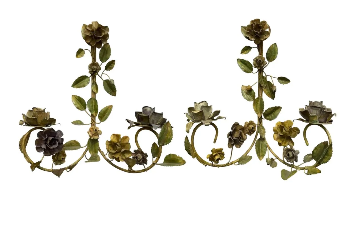 Pair of Antique Venetian Polychrome Painted Tole Candle Sconces