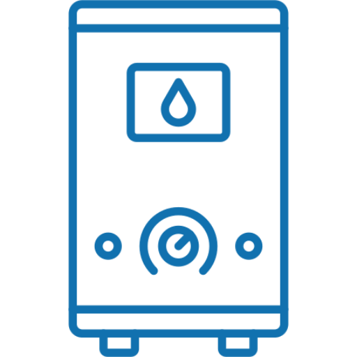 Line drawing of a water heater with a water droplet symbol on the front and control knobs at the bottom.