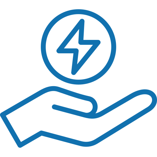 Outline of a hand with a lightning bolt symbol inside a circle above it.