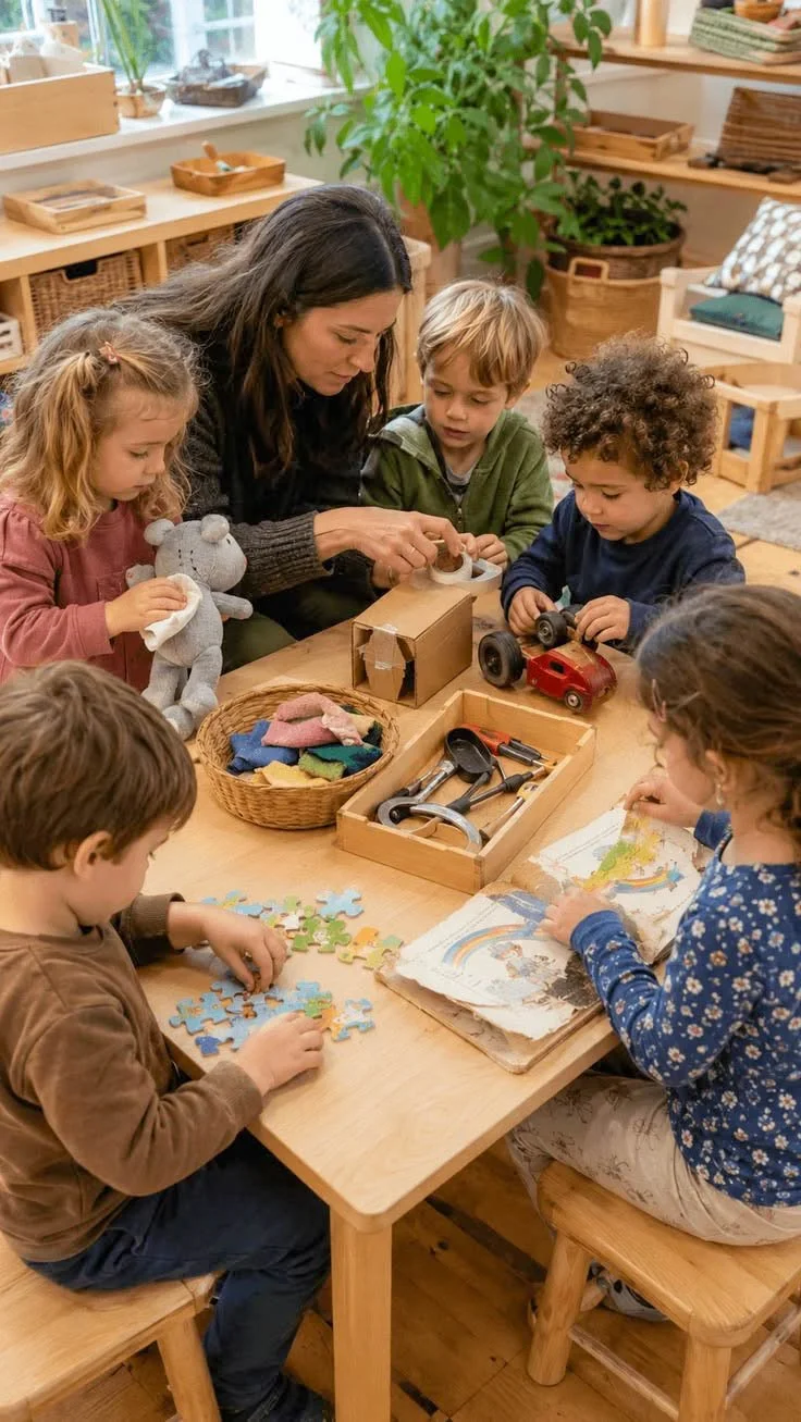 A woman and six children sitting around a wooden table, engaging in arts and crafts activities in a cozy, well-lit room with plants and wooden furniture.